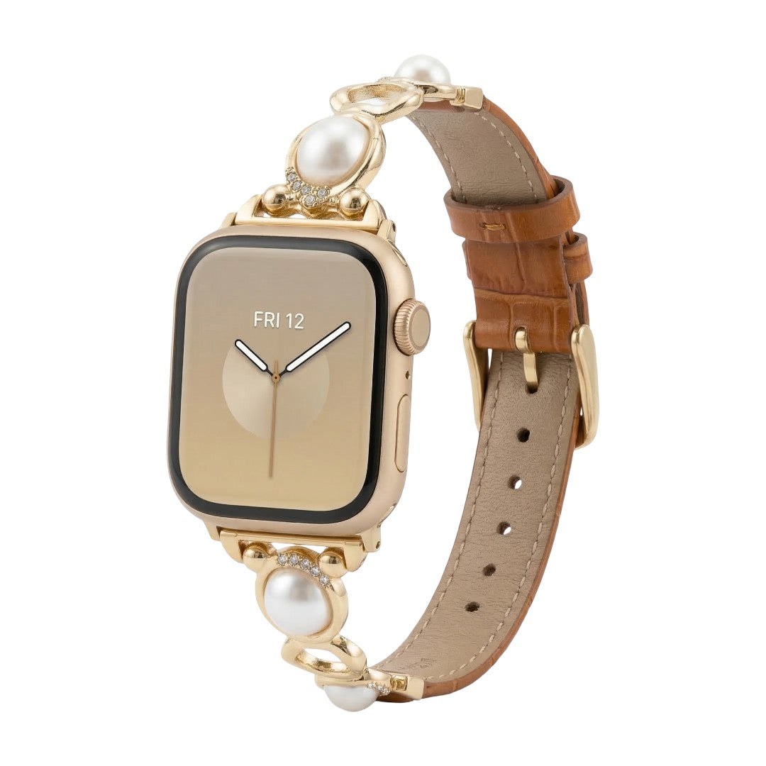 Apple Watch Bracelet with Beads and Vegan Leather, Decorative Smartwatch Band with Beads and Sparkling Details, Vilestia Model