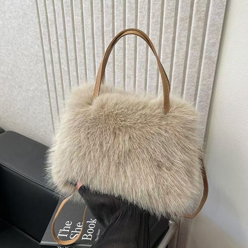 LIZZIE - Fashionable Imitation Fur Small Handbag with Grip Handle & Shoulder Strap