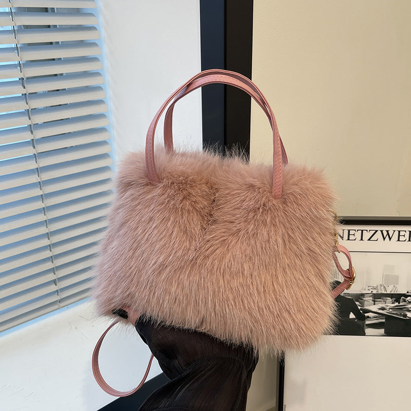 LIZZIE - Fashionable Imitation Fur Small Handbag with Grip Handle & Shoulder Strap