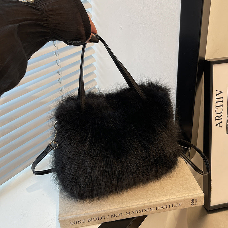 LIZZIE - Fashionable Imitation Fur Small Handbag with Grip Handle & Shoulder Strap