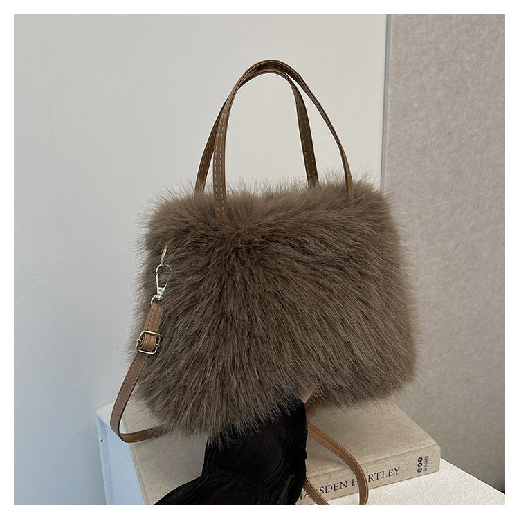 LIZZIE - Fashionable Imitation Fur Small Handbag with Grip Handle & Shoulder Strap