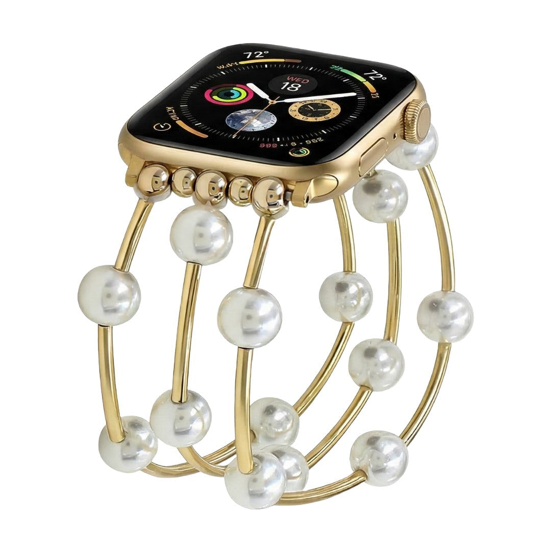 Apple Watch Bracelet for Women, White Beads, Gold or Silver Alloy, Elastic, Elegant Jewelry, Yourie Model
