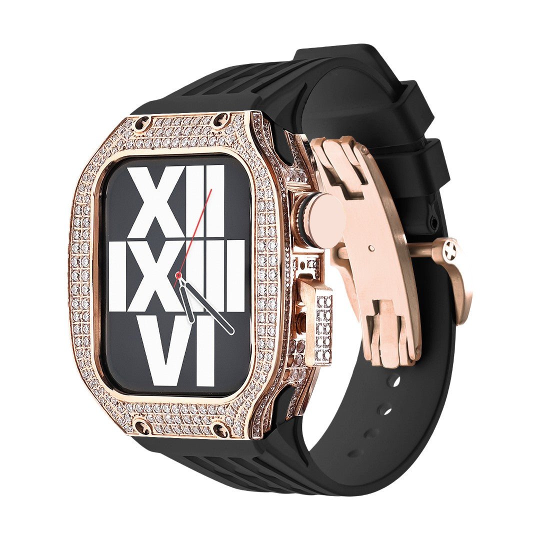 Luxury stainless steel case set with rhinestones for Apple Watch, integrated silicone strap, modern design, Sultan model