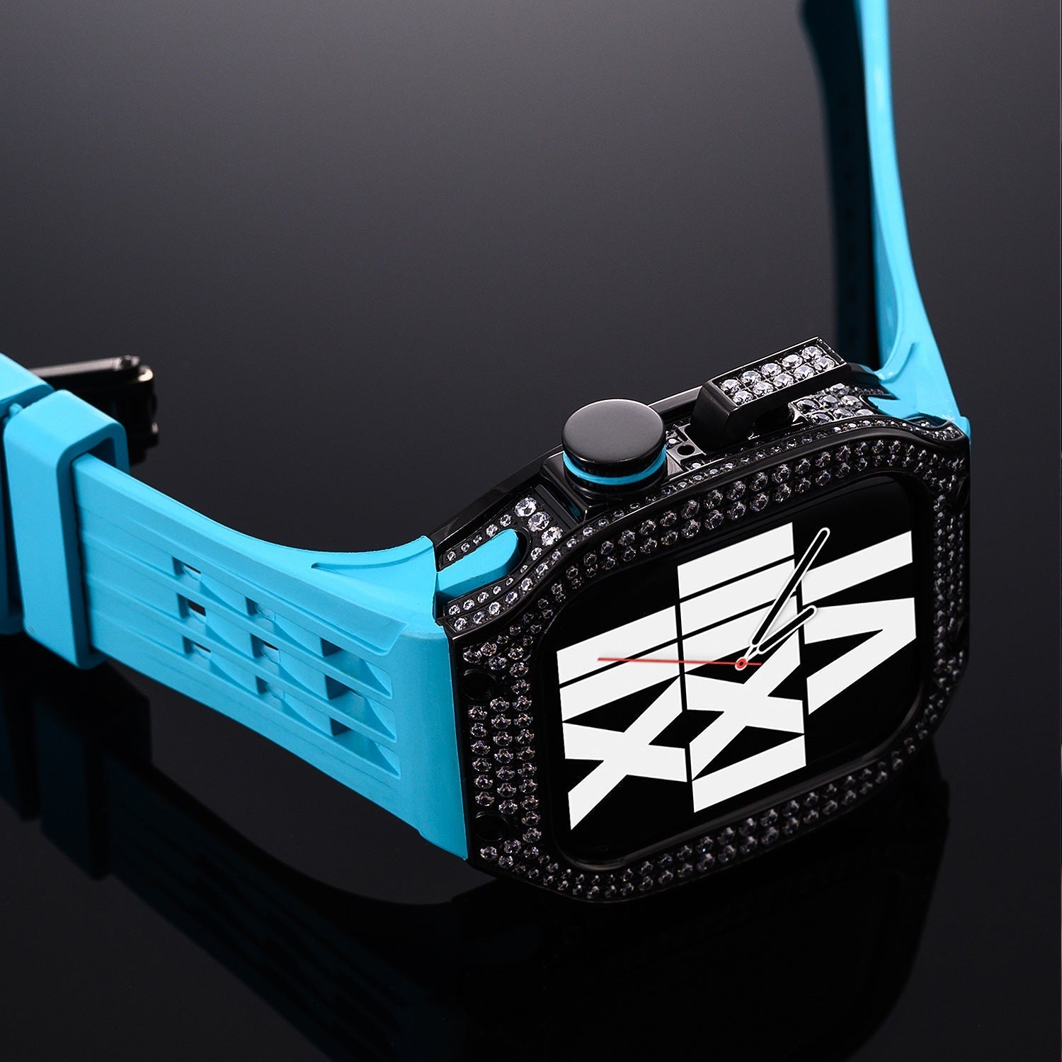 Luxury stainless steel case set with rhinestones for Apple Watch, integrated silicone strap, modern design, Sultan model