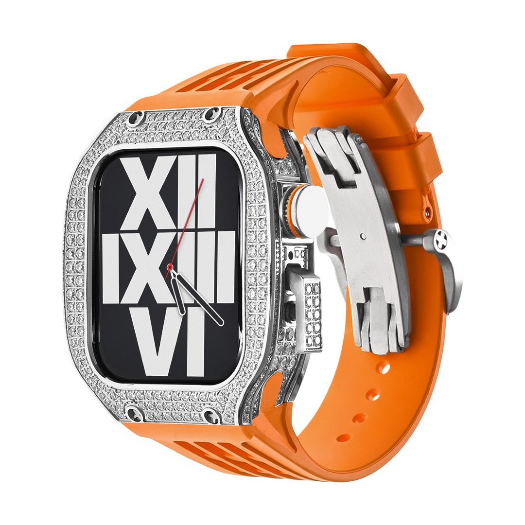 Luxury stainless steel case set with rhinestones for Apple Watch, integrated silicone strap, modern design, Sultan model
