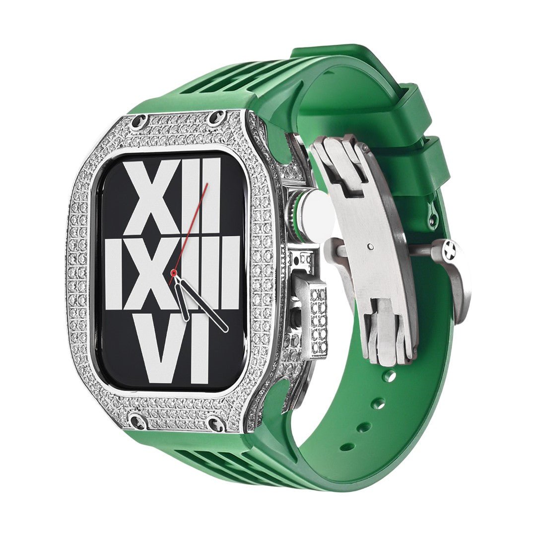 Luxury stainless steel case set with rhinestones for Apple Watch, integrated silicone strap, modern design, Sultan model