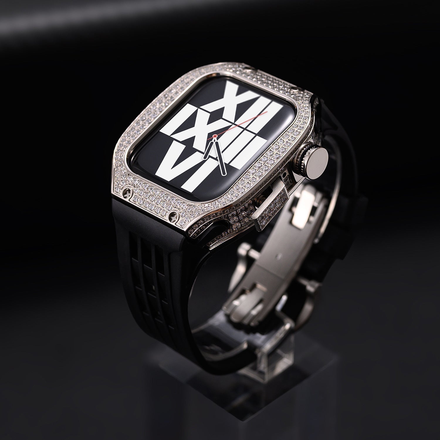 Luxury stainless steel case set with rhinestones for Apple Watch, integrated silicone strap, modern design, Sultan model