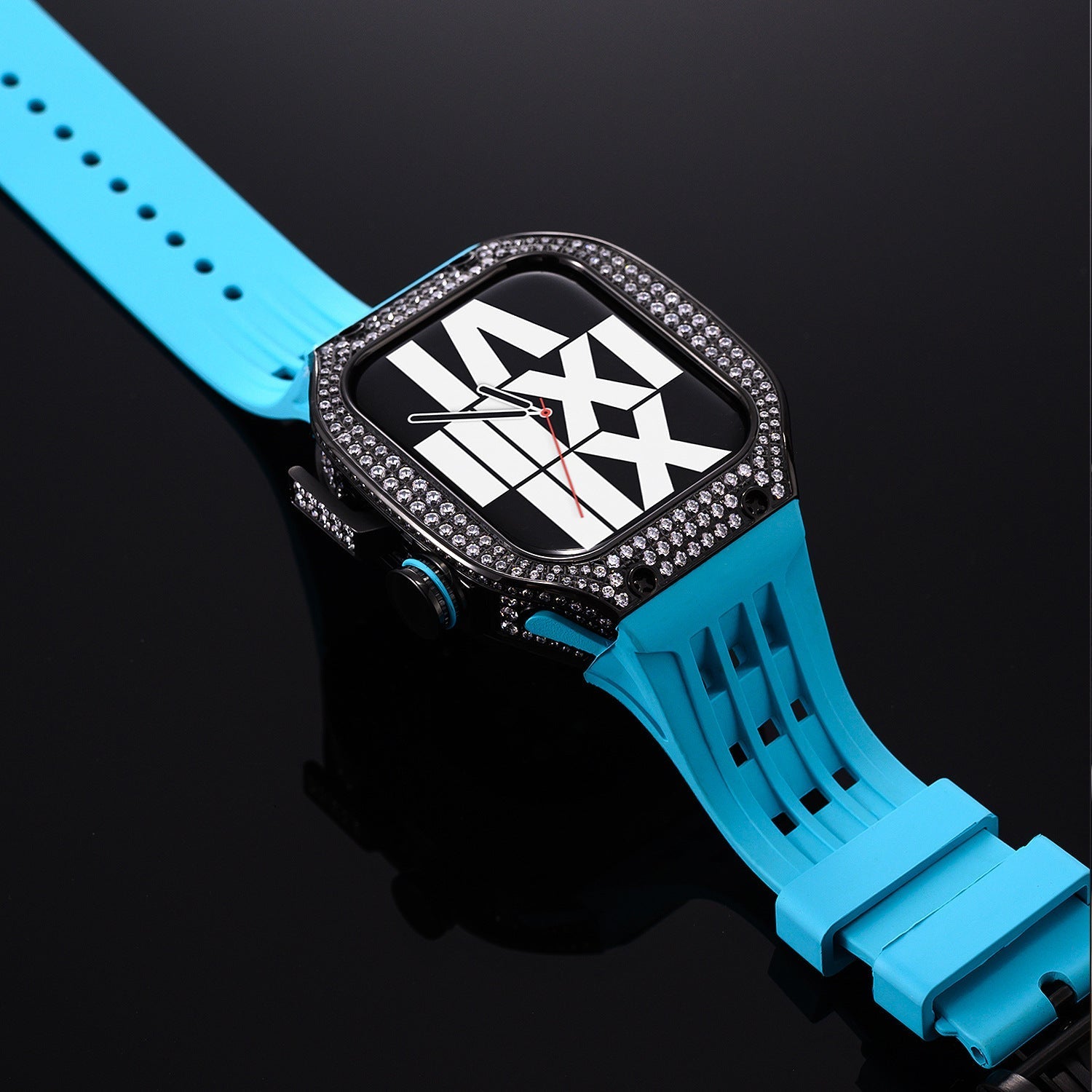 Luxury stainless steel case set with rhinestones for Apple Watch, integrated silicone strap, modern design, Sultan model