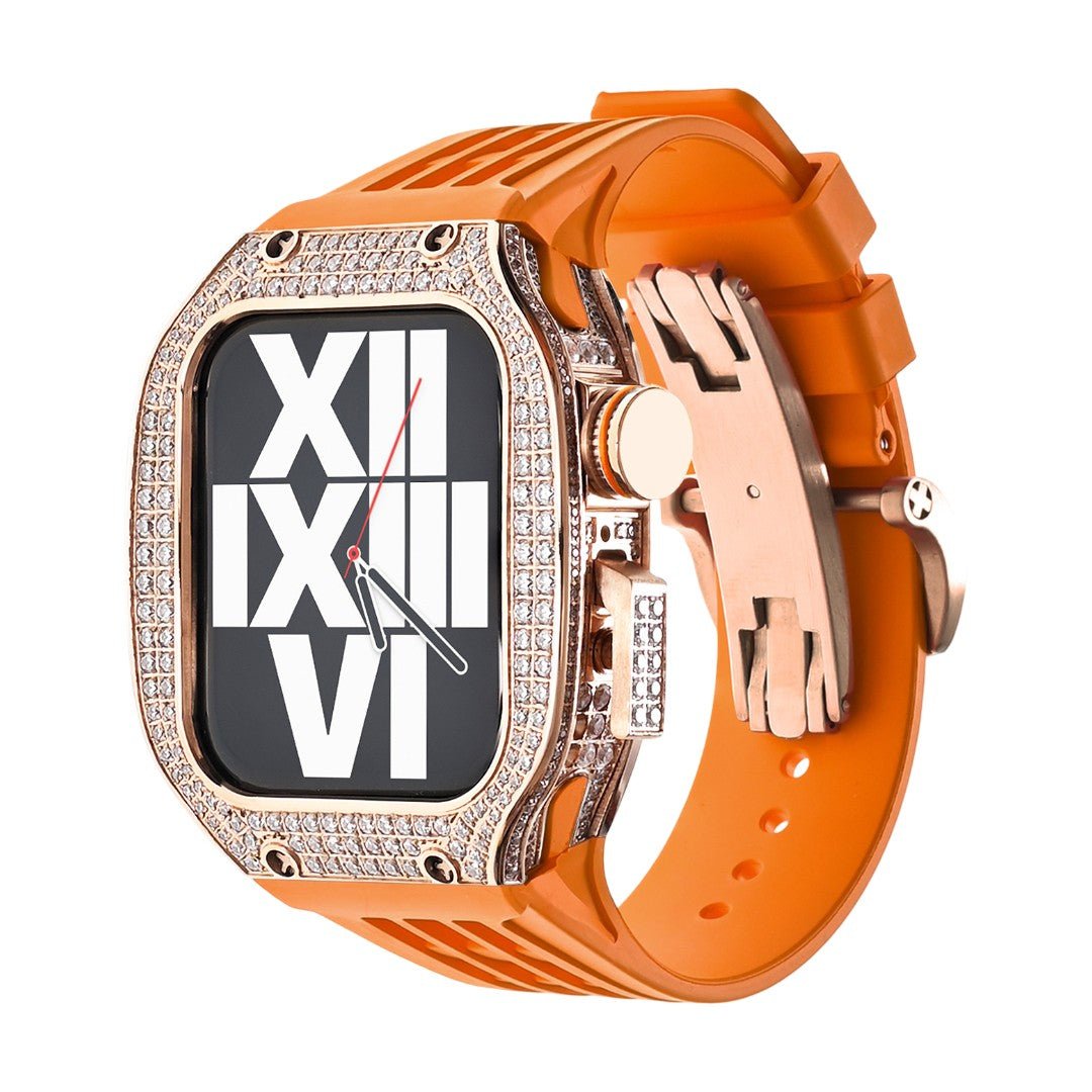 Luxury stainless steel case set with rhinestones for Apple Watch, integrated silicone strap, modern design, Sultan model