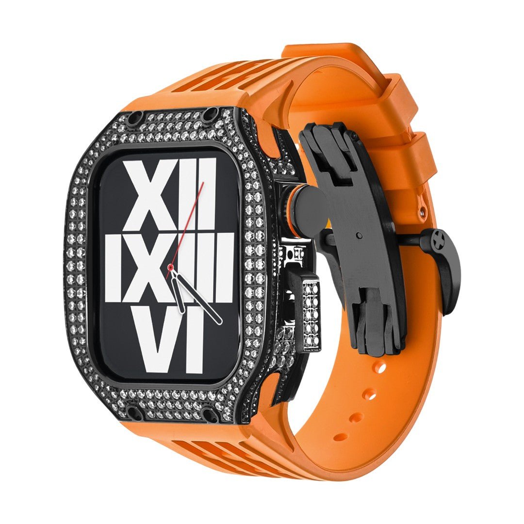 Luxury stainless steel case set with rhinestones for Apple Watch, integrated silicone strap, modern design, Sultan model