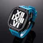 Luxury stainless steel case set with rhinestones for Apple Watch, integrated silicone strap, modern design, Sultan model