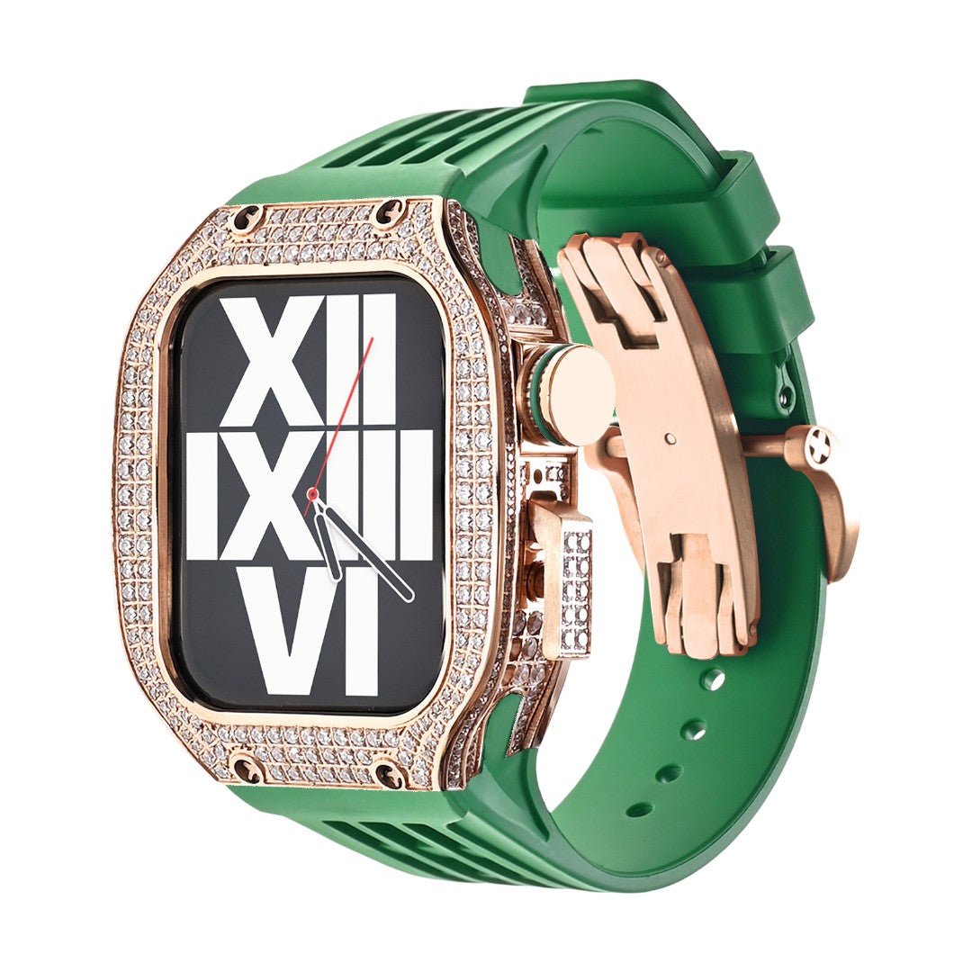 Luxury stainless steel case set with rhinestones for Apple Watch, integrated silicone strap, modern design, Sultan model