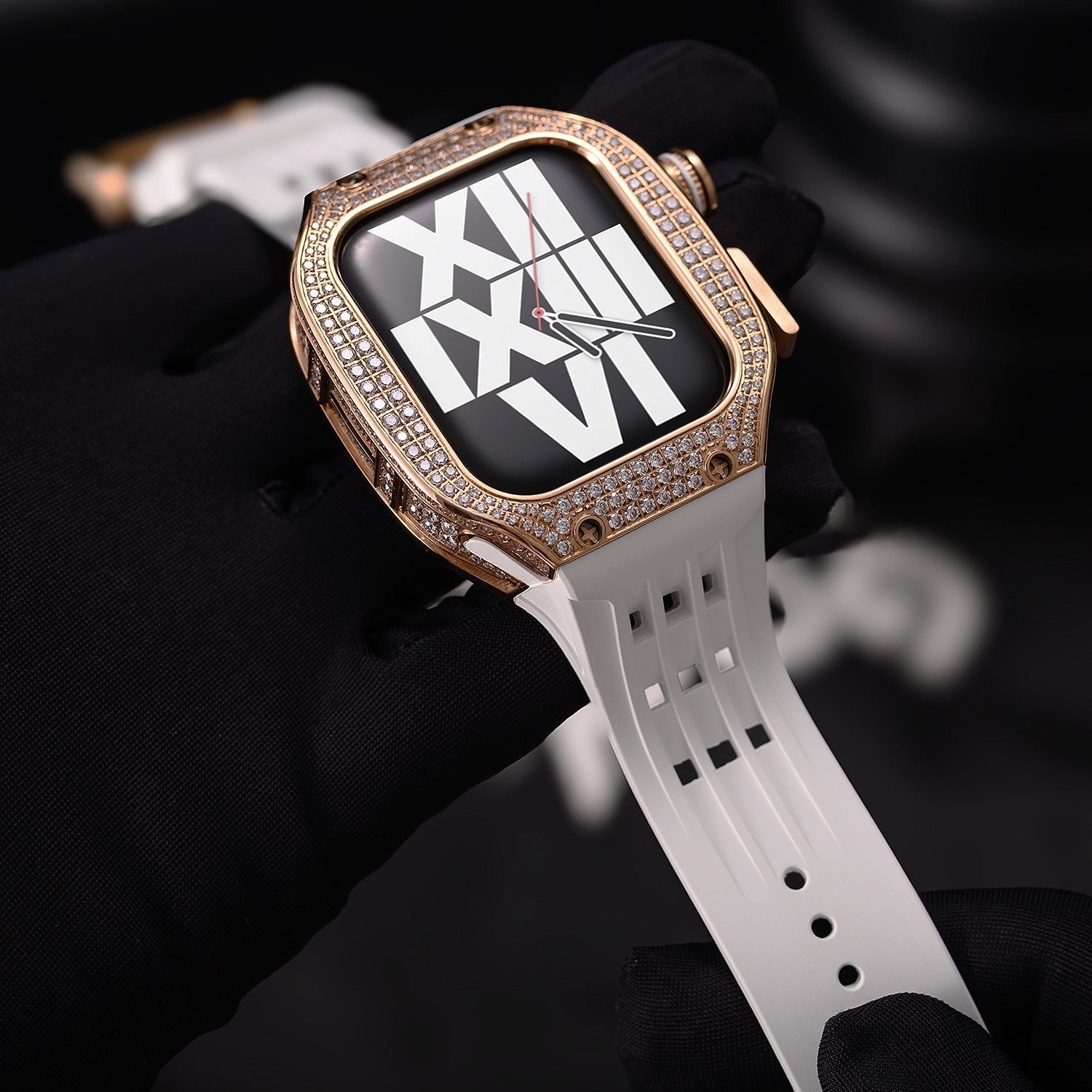 Luxury stainless steel case set with rhinestones for Apple Watch, integrated silicone strap, modern design, Sultan model