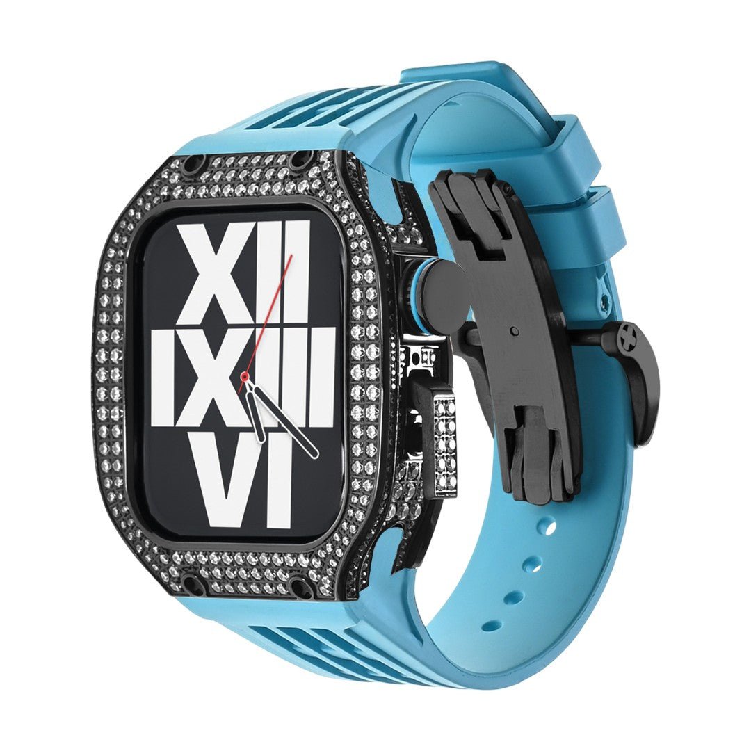 Luxury stainless steel case set with rhinestones for Apple Watch, integrated silicone strap, modern design, Sultan model
