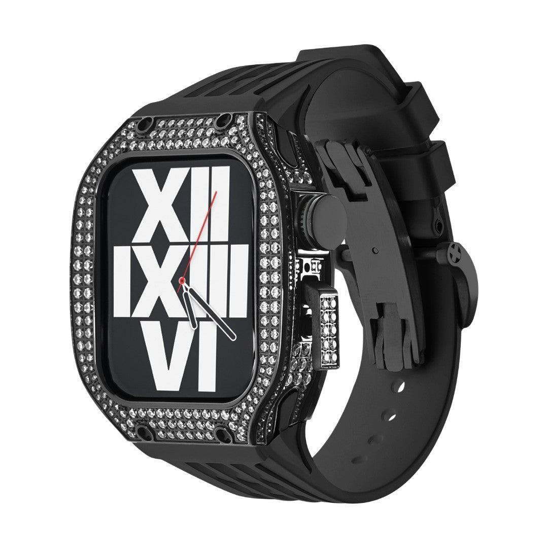 Luxury stainless steel case set with rhinestones for Apple Watch, integrated silicone strap, modern design, Sultan model