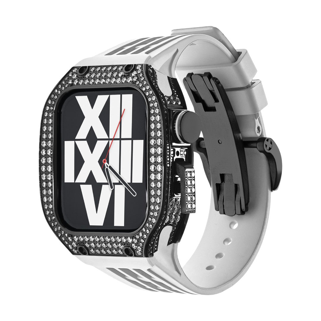 Luxury stainless steel case set with rhinestones for Apple Watch, integrated silicone strap, modern design, Sultan model