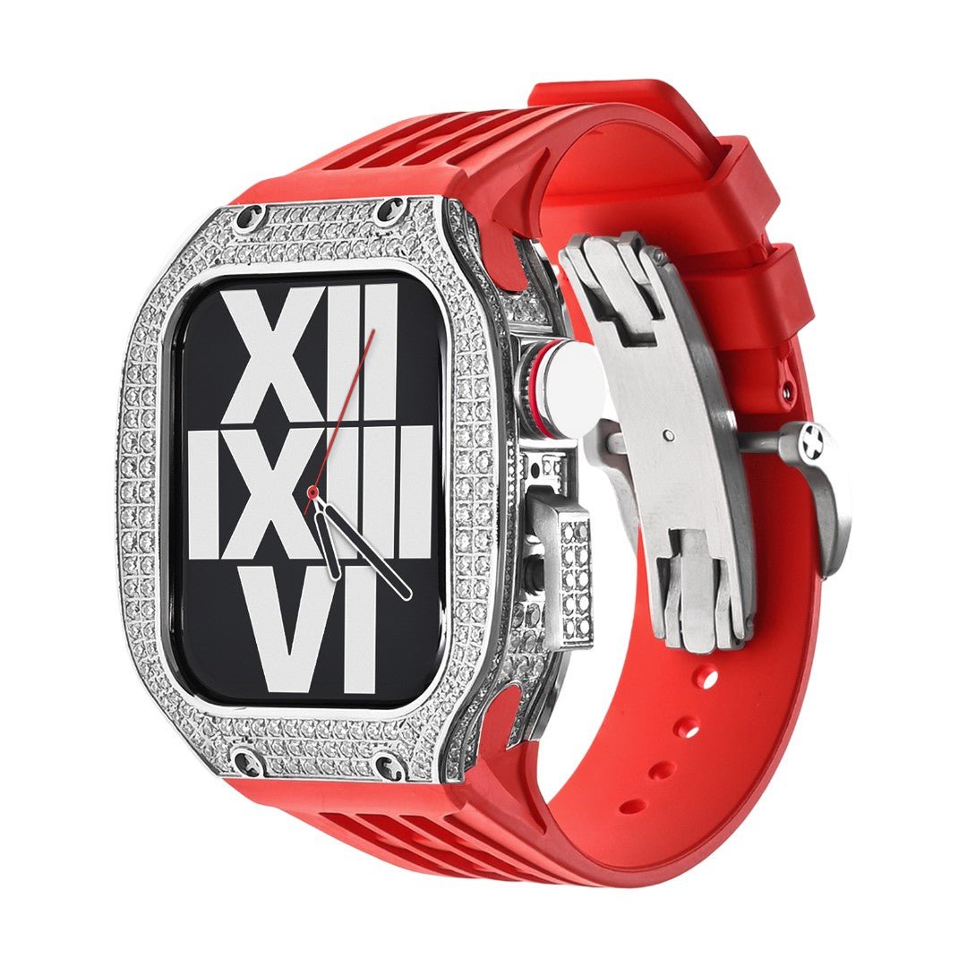 Luxury stainless steel case set with rhinestones for Apple Watch, integrated silicone strap, modern design, Sultan model