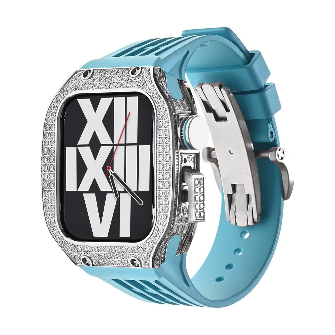 Luxury stainless steel case set with rhinestones for Apple Watch, integrated silicone strap, modern design, Sultan model