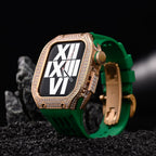Luxury stainless steel case set with rhinestones for Apple Watch, integrated silicone strap, modern design, Sultan model