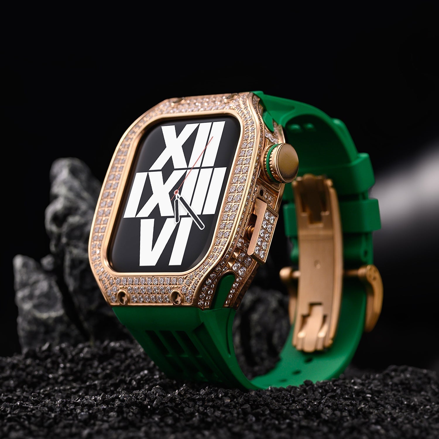 Luxury stainless steel case set with rhinestones for Apple Watch, integrated silicone strap, modern design, Sultan model