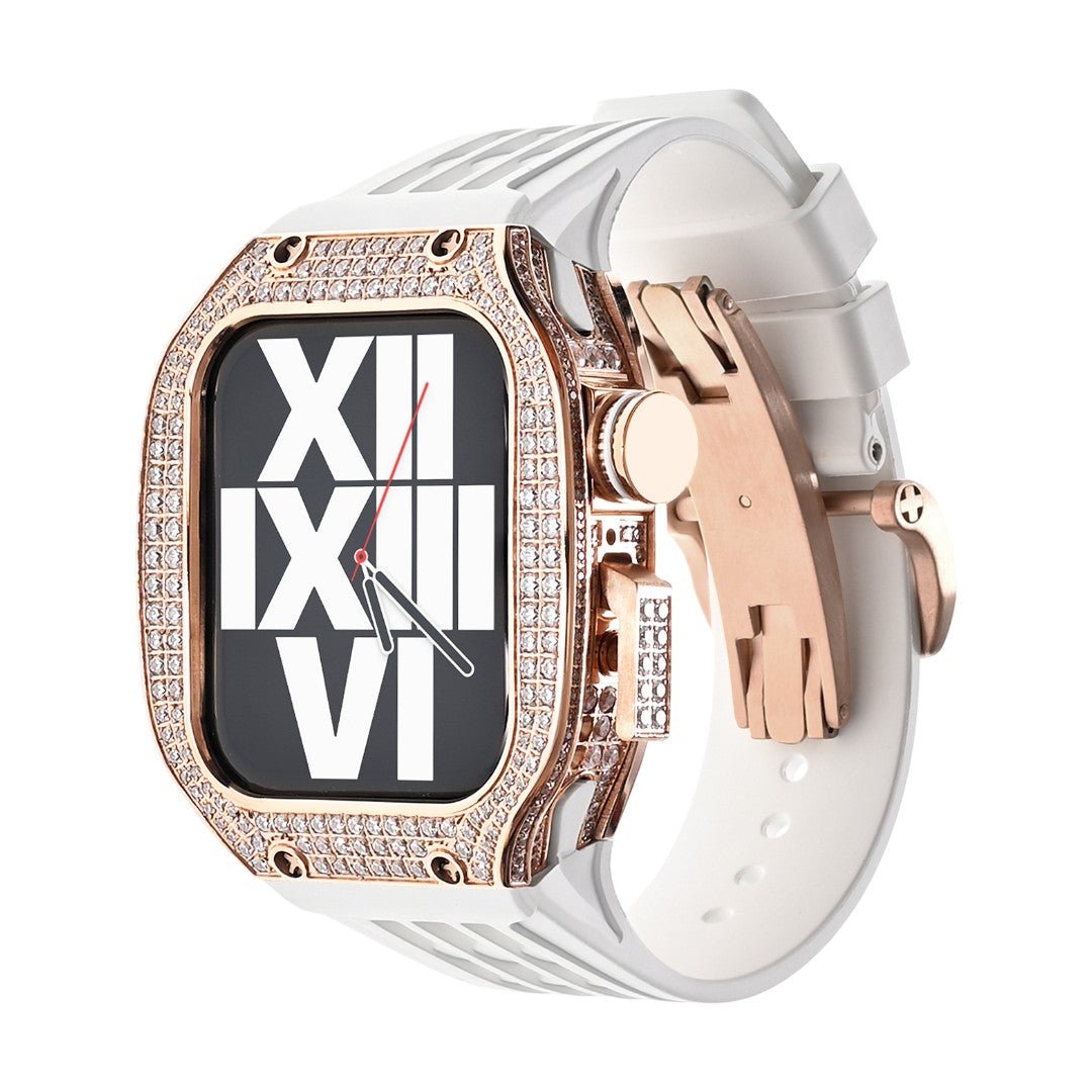 Luxury stainless steel case set with rhinestones for Apple Watch, integrated silicone strap, modern design, Sultan model