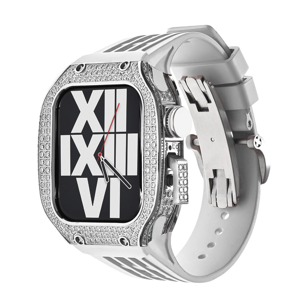 Luxury stainless steel case set with rhinestones for Apple Watch, integrated silicone strap, modern design, Sultan model
