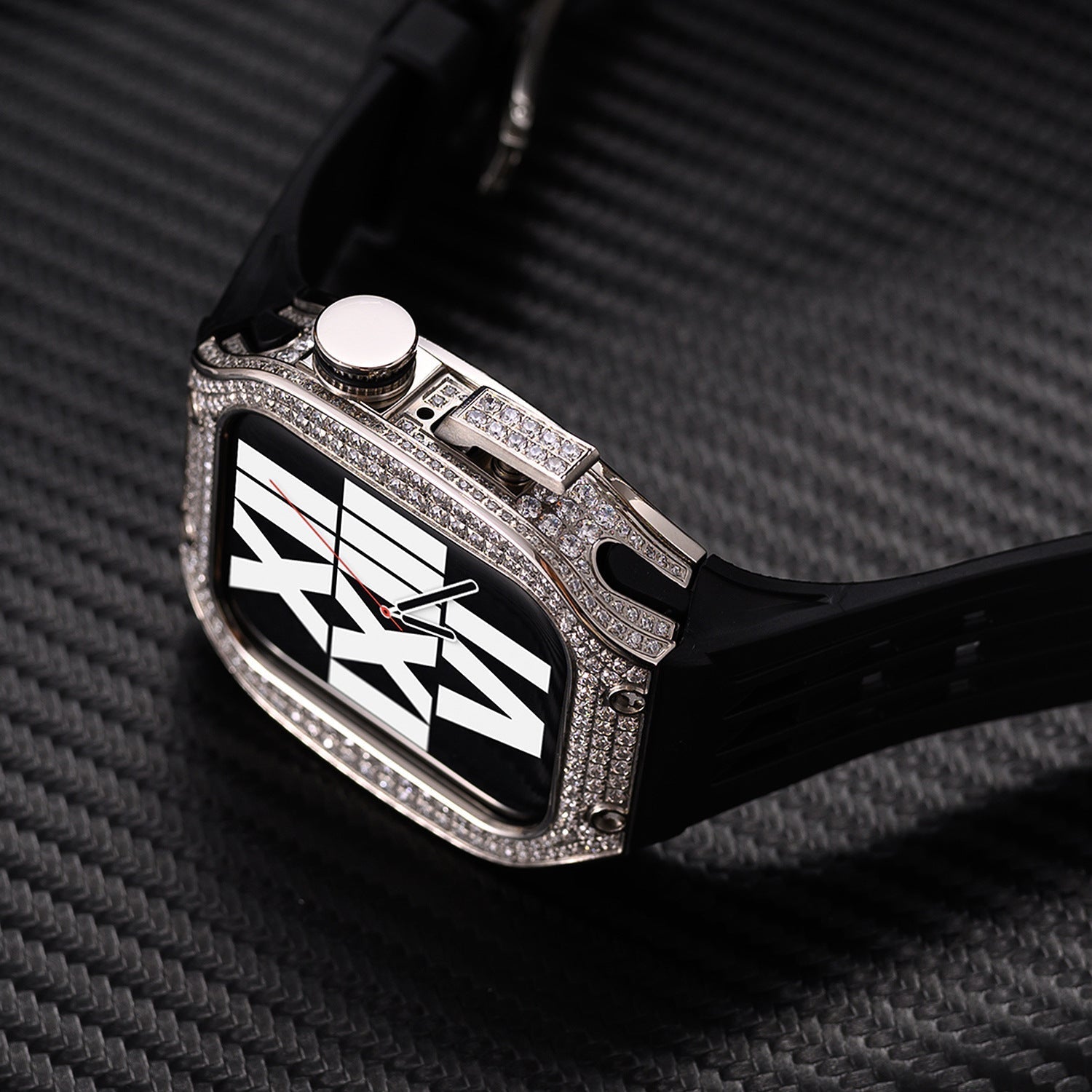 Luxury stainless steel case set with rhinestones for Apple Watch, integrated silicone strap, modern design, Sultan model