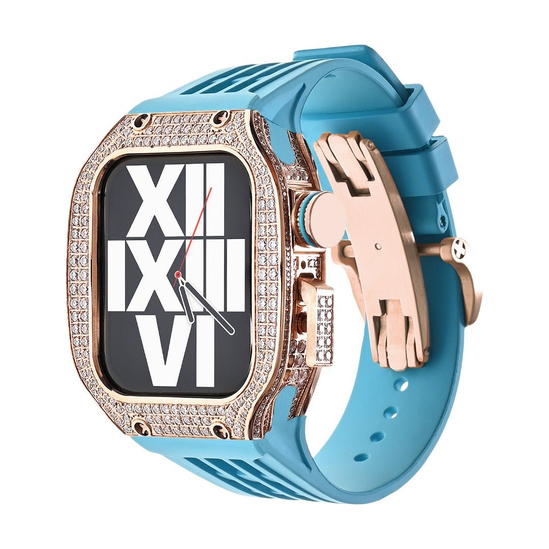 Luxury stainless steel case set with rhinestones for Apple Watch, integrated silicone strap, modern design, Sultan model