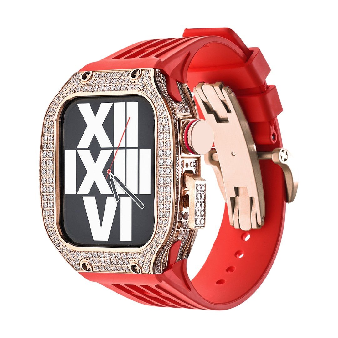 Luxury stainless steel case set with rhinestones for Apple Watch, integrated silicone strap, modern design, Sultan model