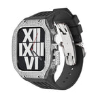 Luxury stainless steel case set with rhinestones for Apple Watch, integrated silicone strap, modern design, Sultan model