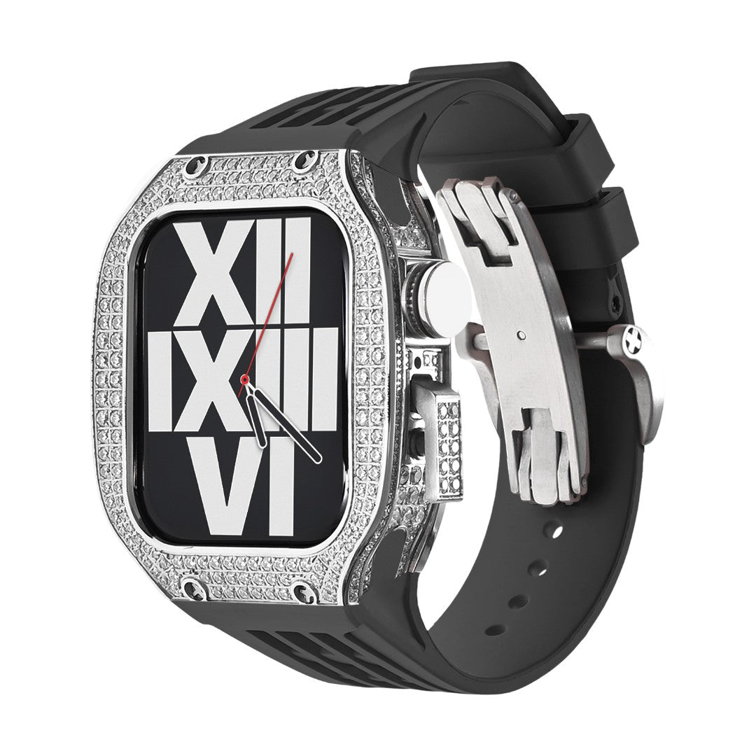 Luxury stainless steel case set with rhinestones for Apple Watch, integrated silicone strap, modern design, Sultan model
