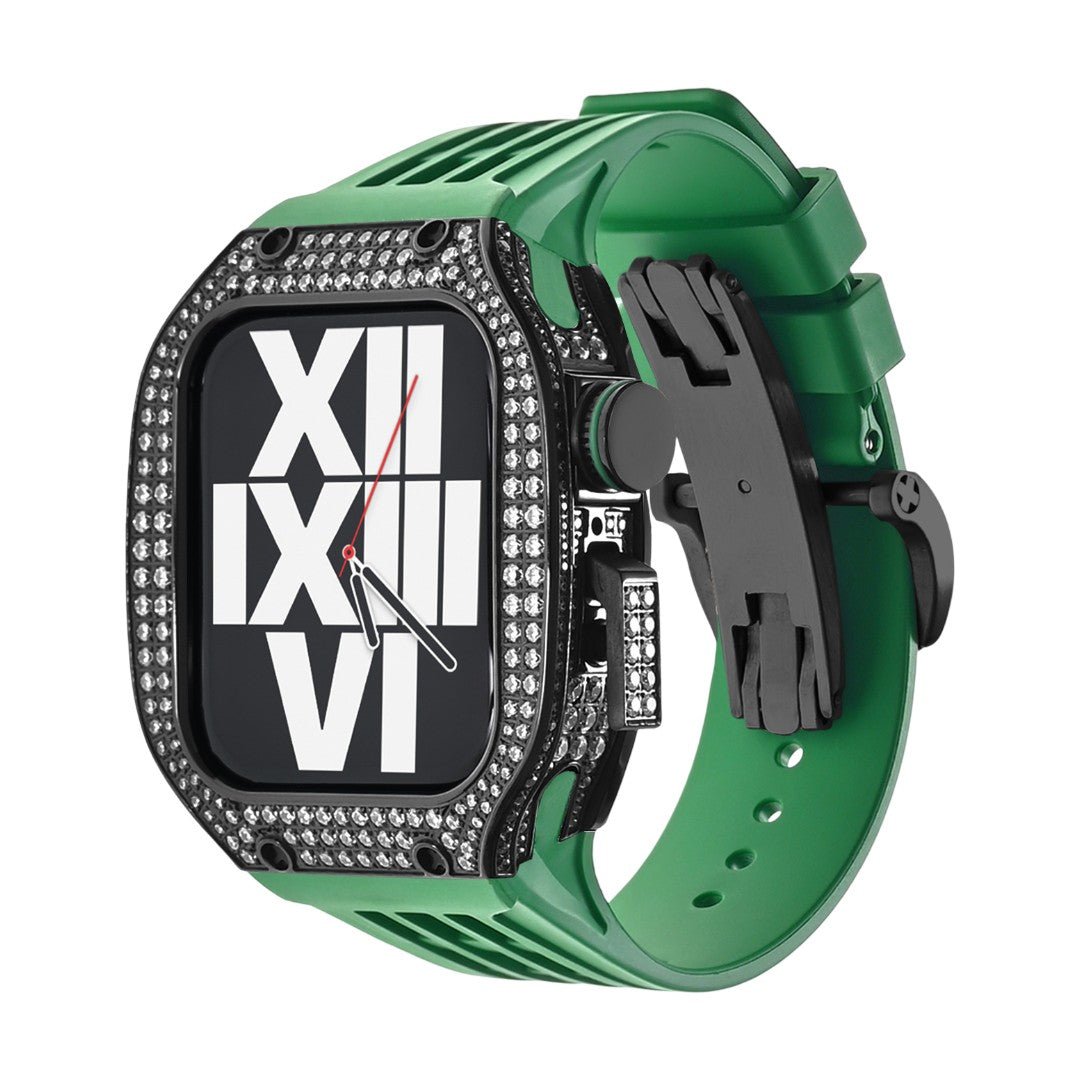 Luxury stainless steel case set with rhinestones for Apple Watch, integrated silicone strap, modern design, Sultan model