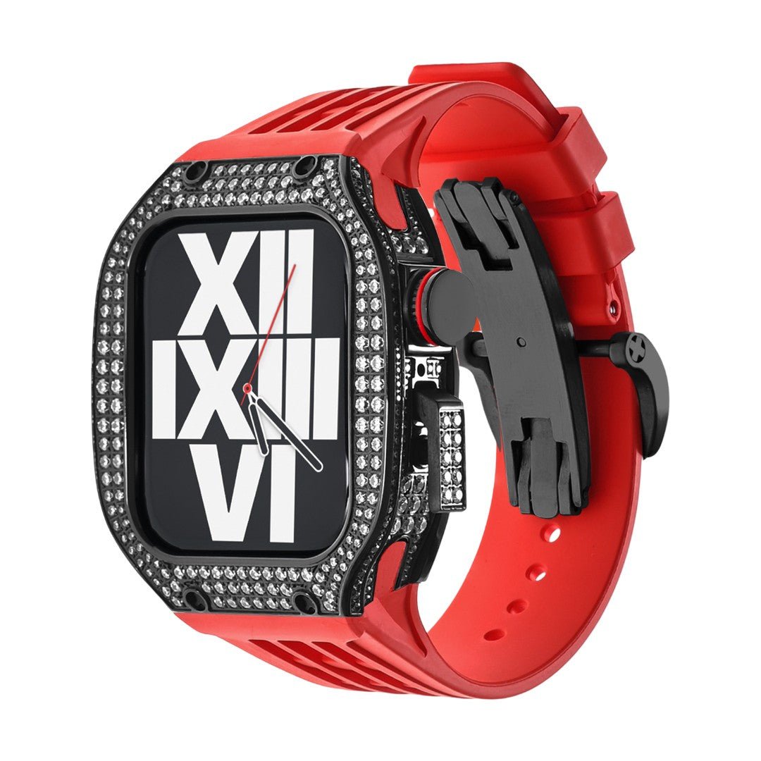Luxury stainless steel case set with rhinestones for Apple Watch, integrated silicone strap, modern design, Sultan model