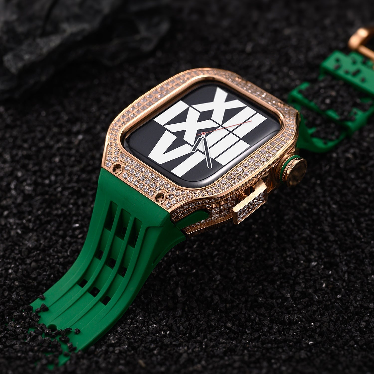 Luxury stainless steel case set with rhinestones for Apple Watch, integrated silicone strap, modern design, Sultan model