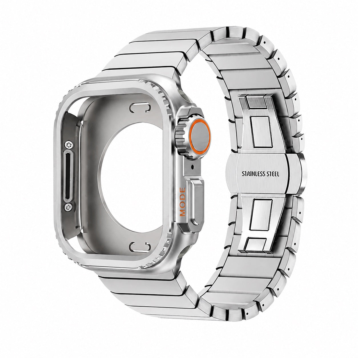 Stainless steel bracelet with full cover for Apple Watch, secure butterfly clasp, modern sporty style, Zedix model