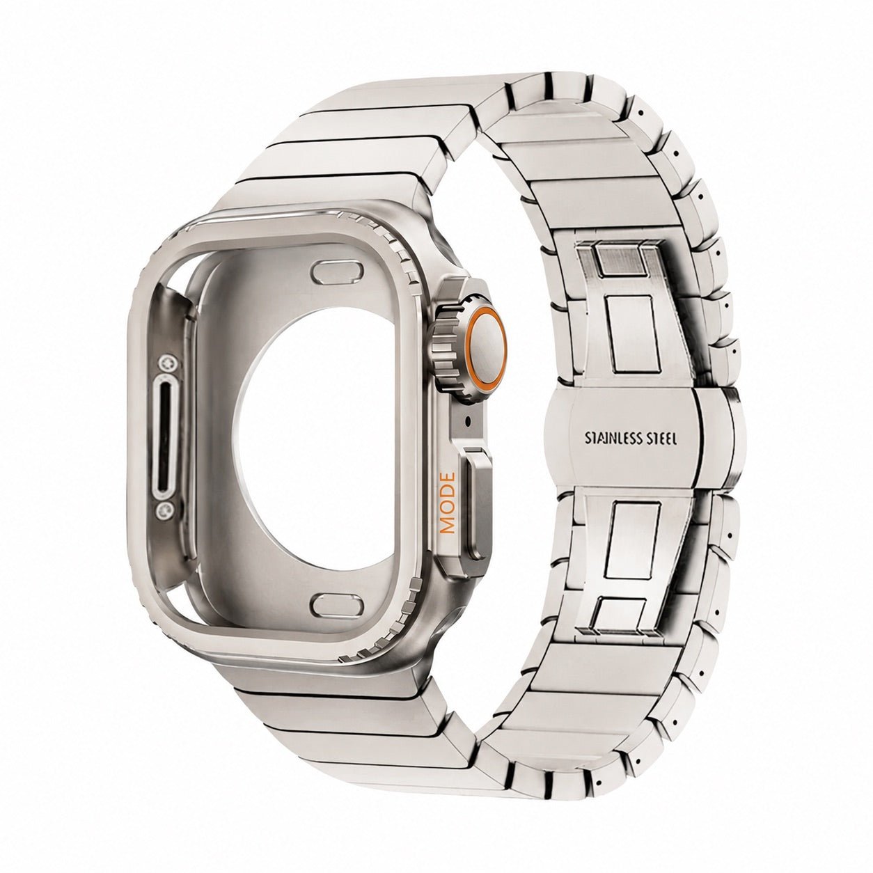 Stainless steel bracelet with full cover for Apple Watch, secure butterfly clasp, modern sporty style, Zedix model