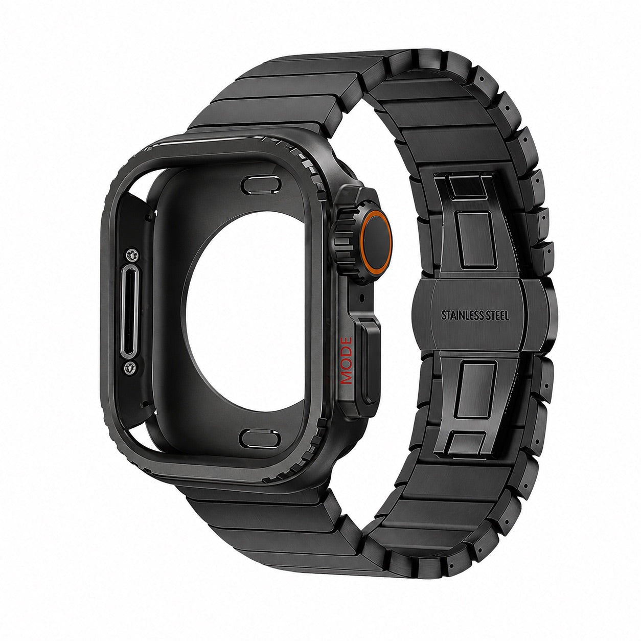Stainless steel bracelet with full cover for Apple Watch, secure butterfly clasp, modern sporty style, Zedix model