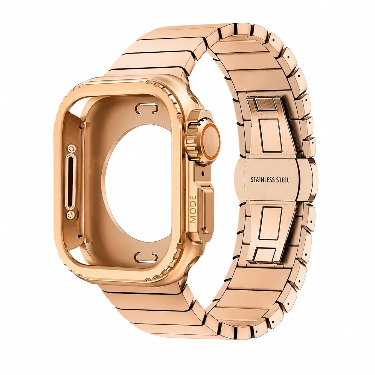 Stainless steel bracelet with full cover for Apple Watch, secure butterfly clasp, modern sporty style, Zedix model