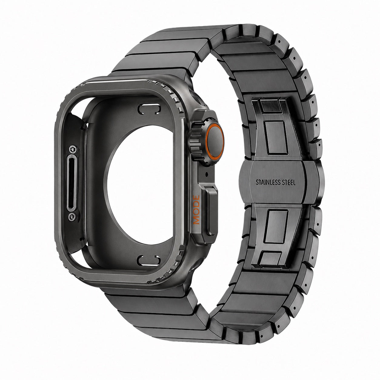 Stainless steel bracelet with full cover for Apple Watch, secure butterfly clasp, modern sporty style, Zedix model