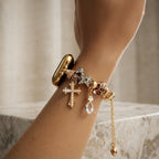 Apple Watch bracelet with gold charms, cross adorned with pearls, sparkling stars, leopard beads, billiard ball, adjustable sliding clasp, Junia model