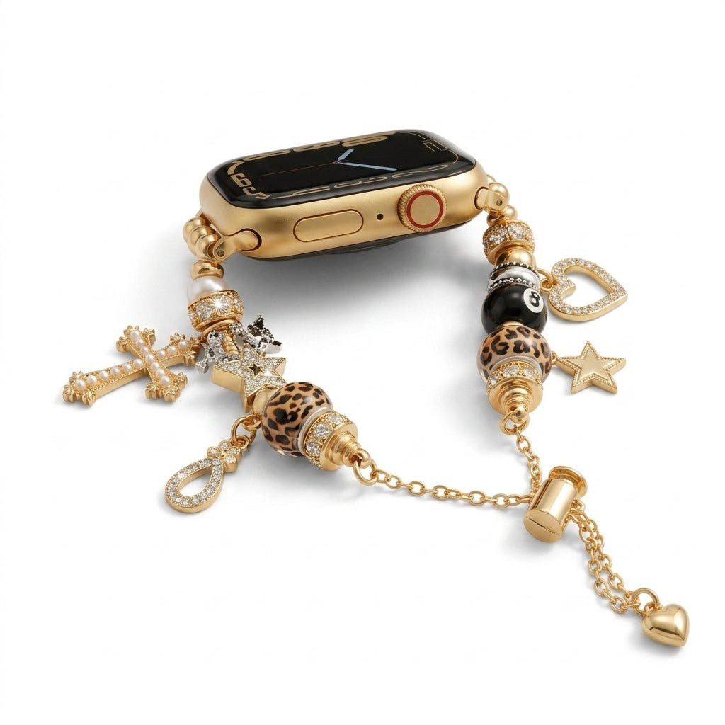 Apple Watch bracelet with gold charms, cross adorned with pearls, sparkling stars, leopard beads, billiard ball, adjustable sliding clasp, Junia model