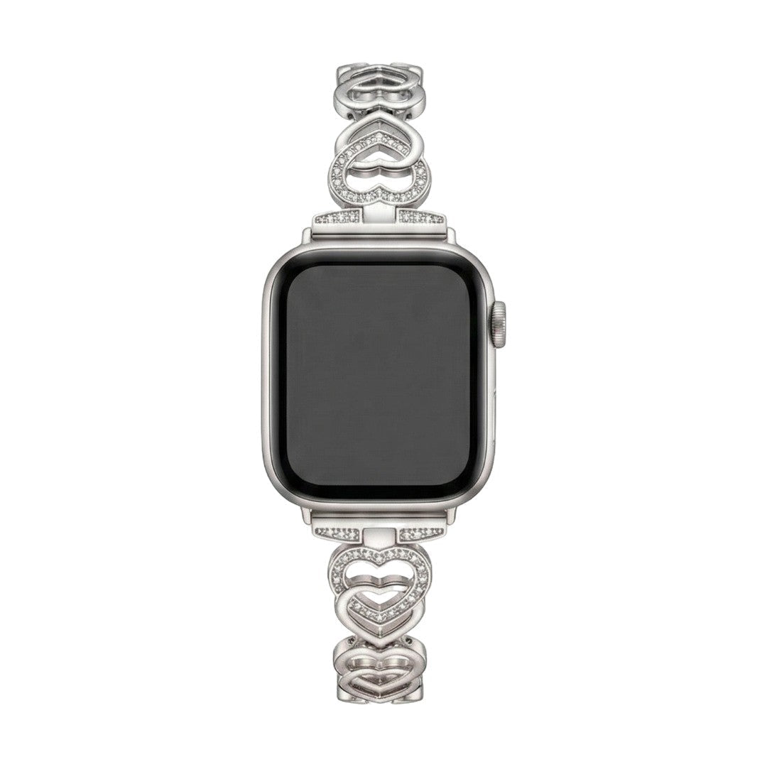 Apple Watch Bracelet with Interwoven Heart Links in Metal, Sparkling Rhinestones, Adjustable Size, Pyrone Model