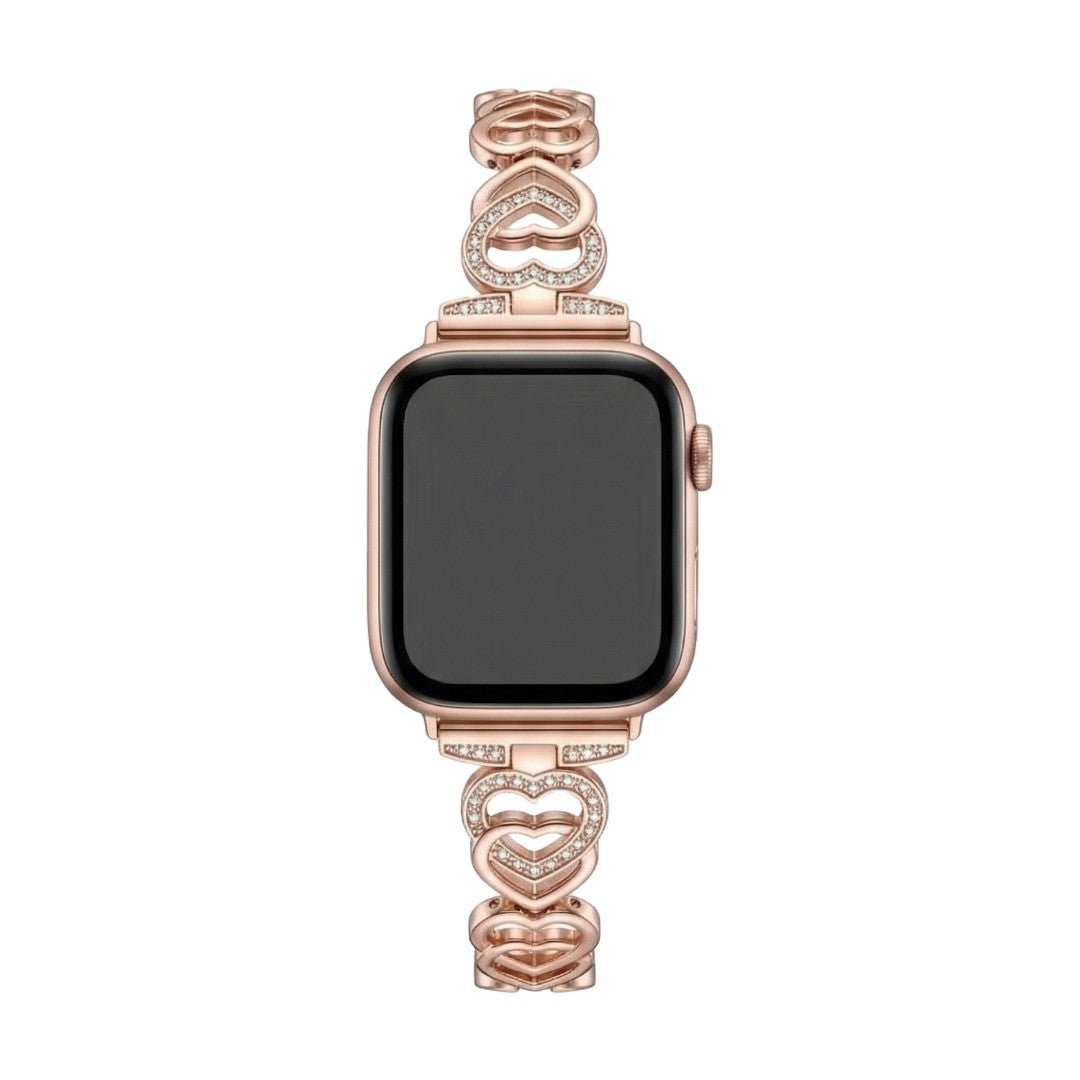 Apple Watch Bracelet with Interwoven Heart Links in Metal, Sparkling Rhinestones, Adjustable Size, Pyrone Model