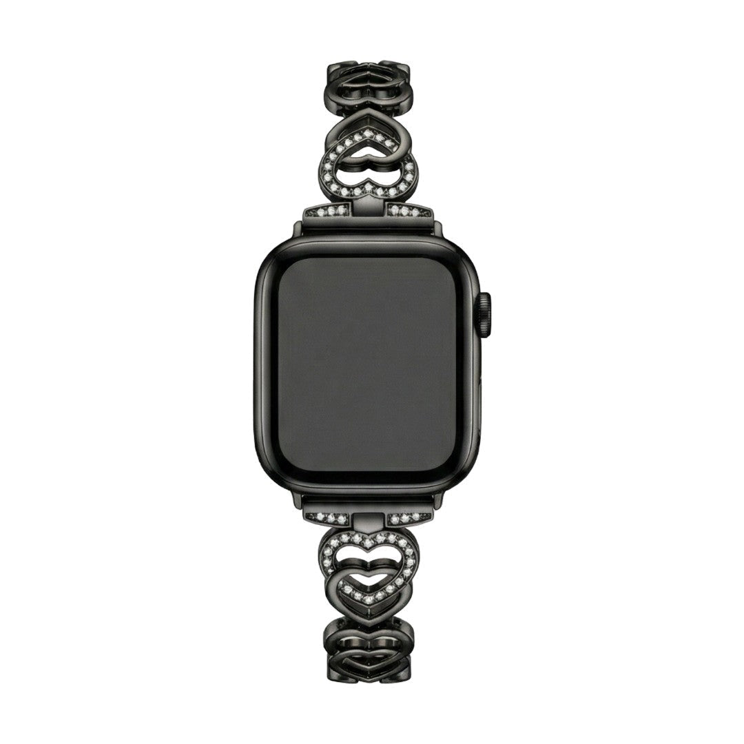 Apple Watch Bracelet with Interwoven Heart Links in Metal, Sparkling Rhinestones, Adjustable Size, Pyrone Model