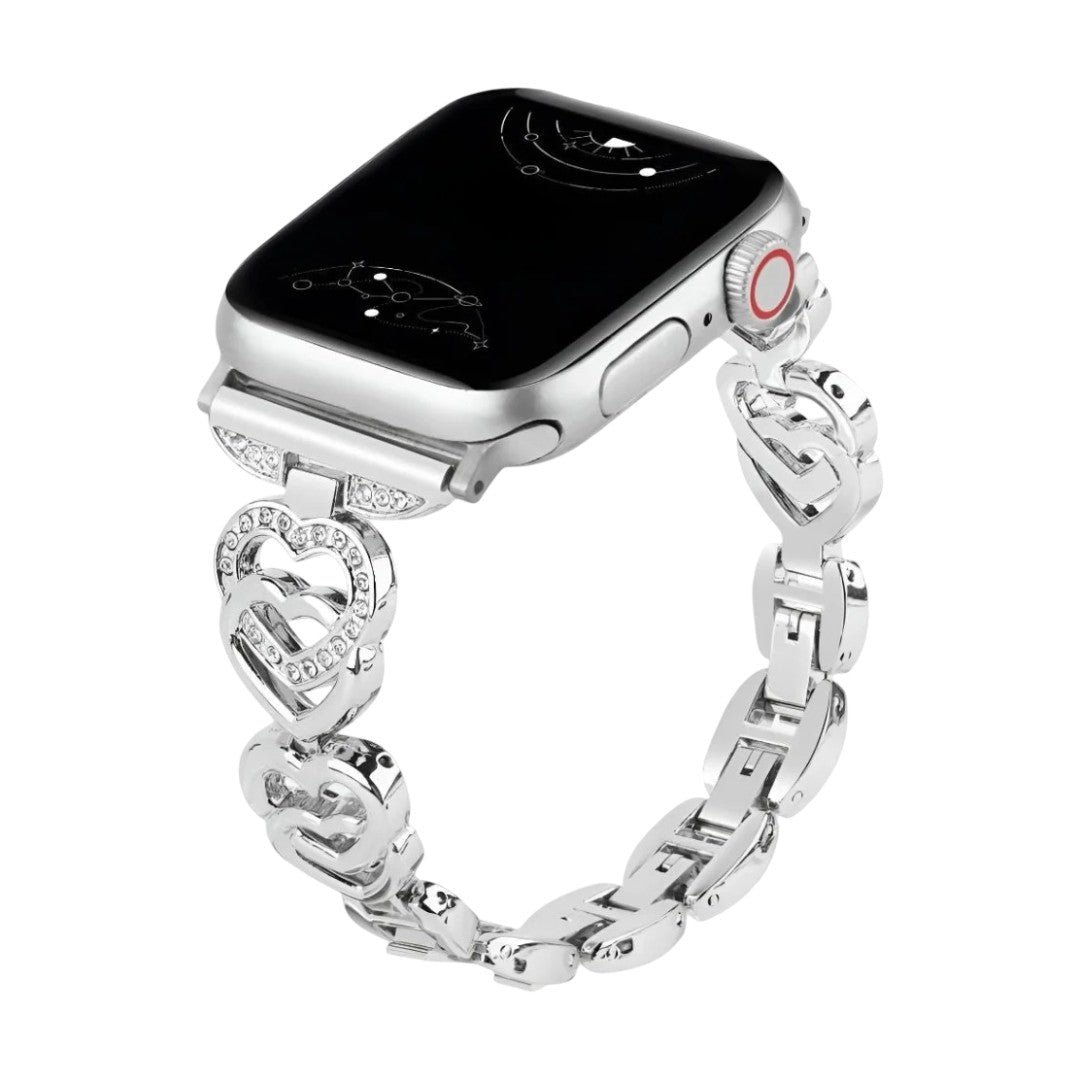 Apple Watch Bracelet with Interwoven Heart Links in Metal, Sparkling Rhinestones, Adjustable Size, Pyrone Model