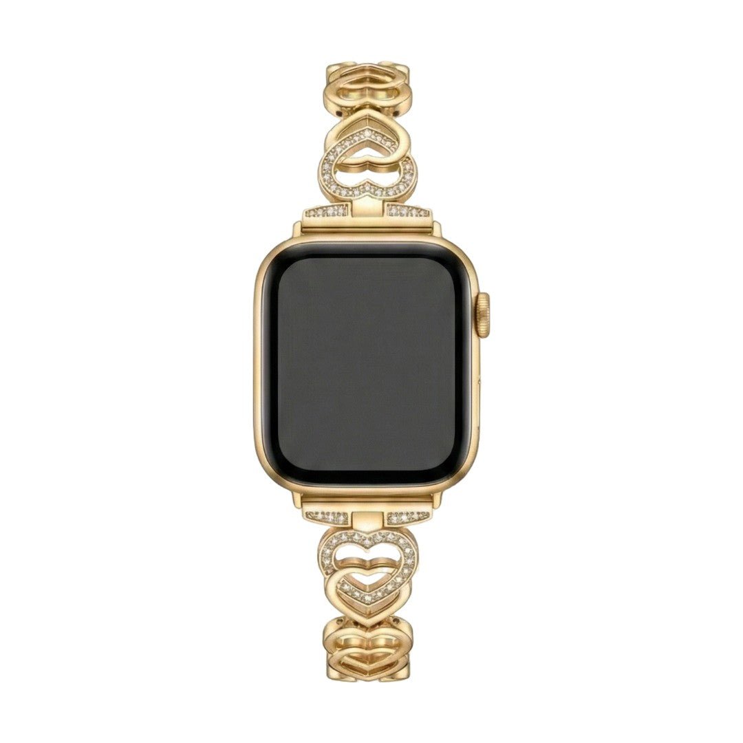 Apple Watch Bracelet with Interwoven Heart Links in Metal, Sparkling Rhinestones, Adjustable Size, Pyrone Model