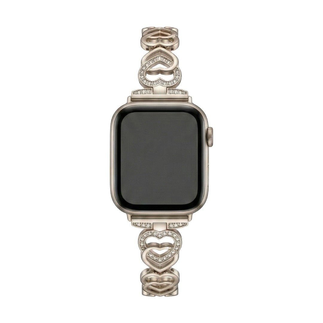 Apple Watch Bracelet with Interwoven Heart Links in Metal, Sparkling Rhinestones, Adjustable Size, Pyrone Model