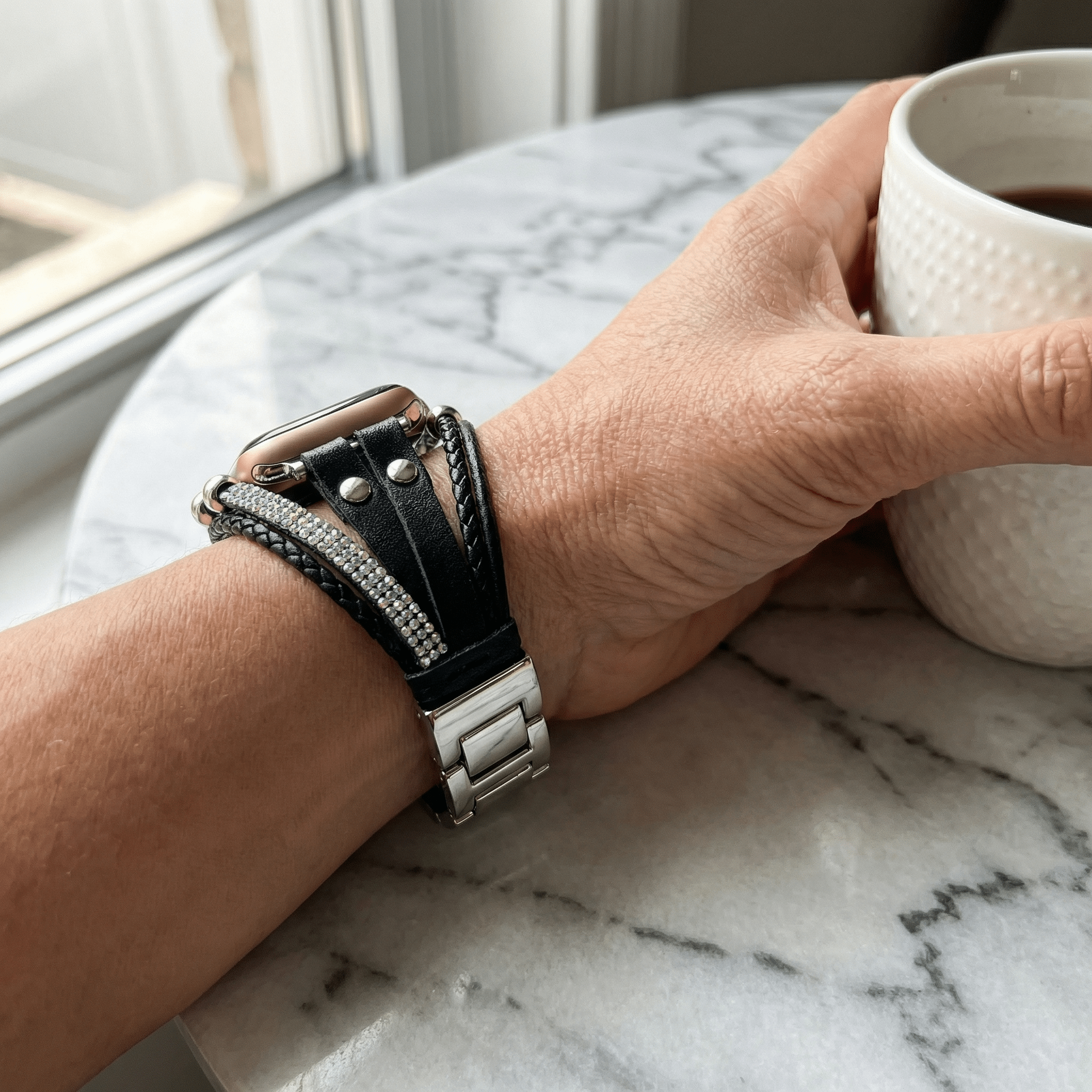 Apple Watch Multi-Strand Bracelet with Rhinestones and Braided Design for Women, Melona Model