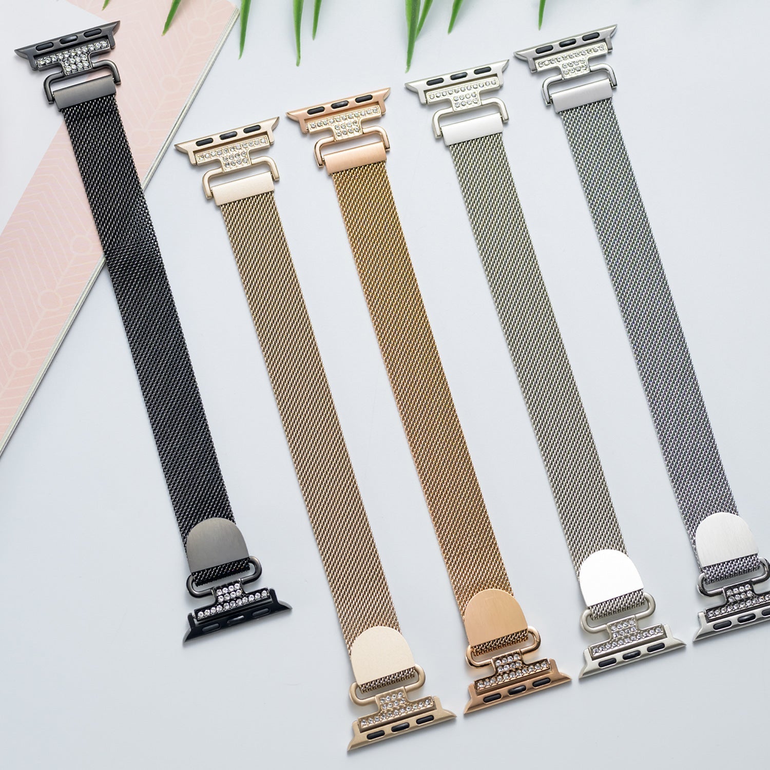 Stainless Steel Magnetic Milanese Mesh Bracelet for Apple Watch, compatible with Apple Watch 38 to 49 mm, elegant finish with zircon details, Élancia model