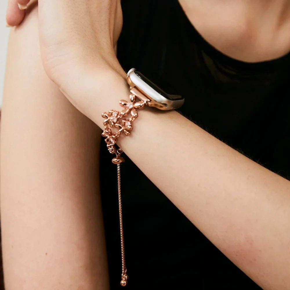 Apple Watch Bracelet with Floral Design, Metallic Flowers and Zirconia, Sliding Clasp, Filie Model